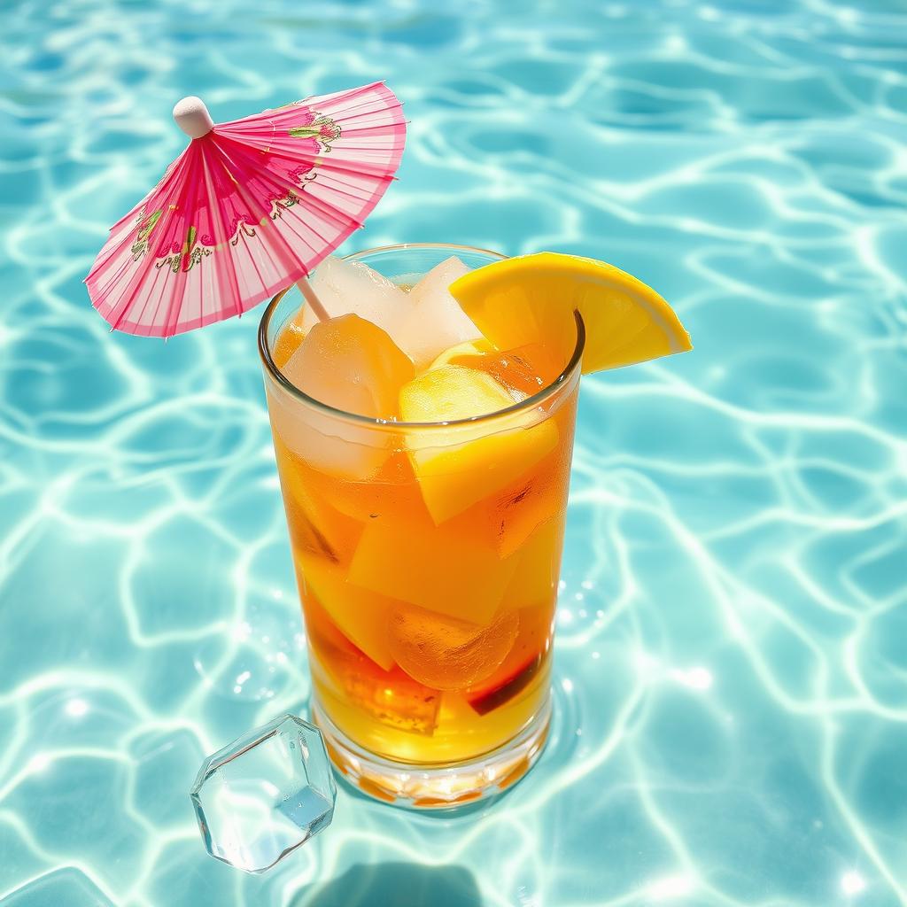 A beautifully crafted cocktail glass half submerged in clear, turquoise water, with ice cubes glistening in the sunlight