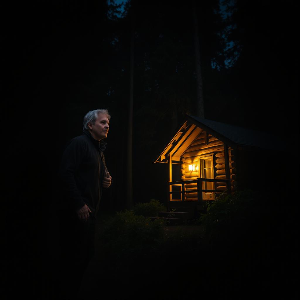 A middle-aged man gazing at a wooden cabin illuminated with warm lights, surrounded by a dark, dense forest