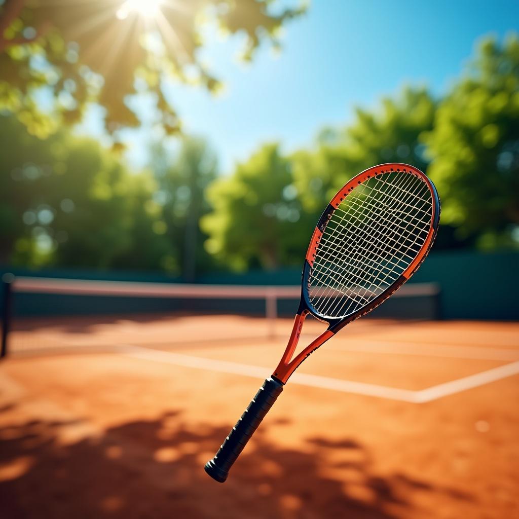 In the foreground, a tennis racket is prominently displayed, its details in sharp focus