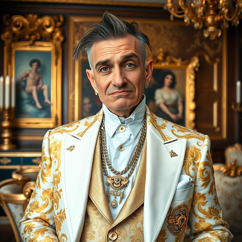 A portrait of a very wealthy individual whose appearance can be described as unconventional or unattractive