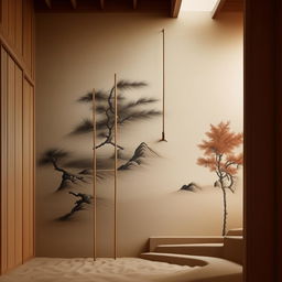 An ultra-detailed architectural photograph of a minimalist, Japandi-inspired wall featuring a compact sand area, an expressive painting, a simple wooden ladder, and a traditional rake.