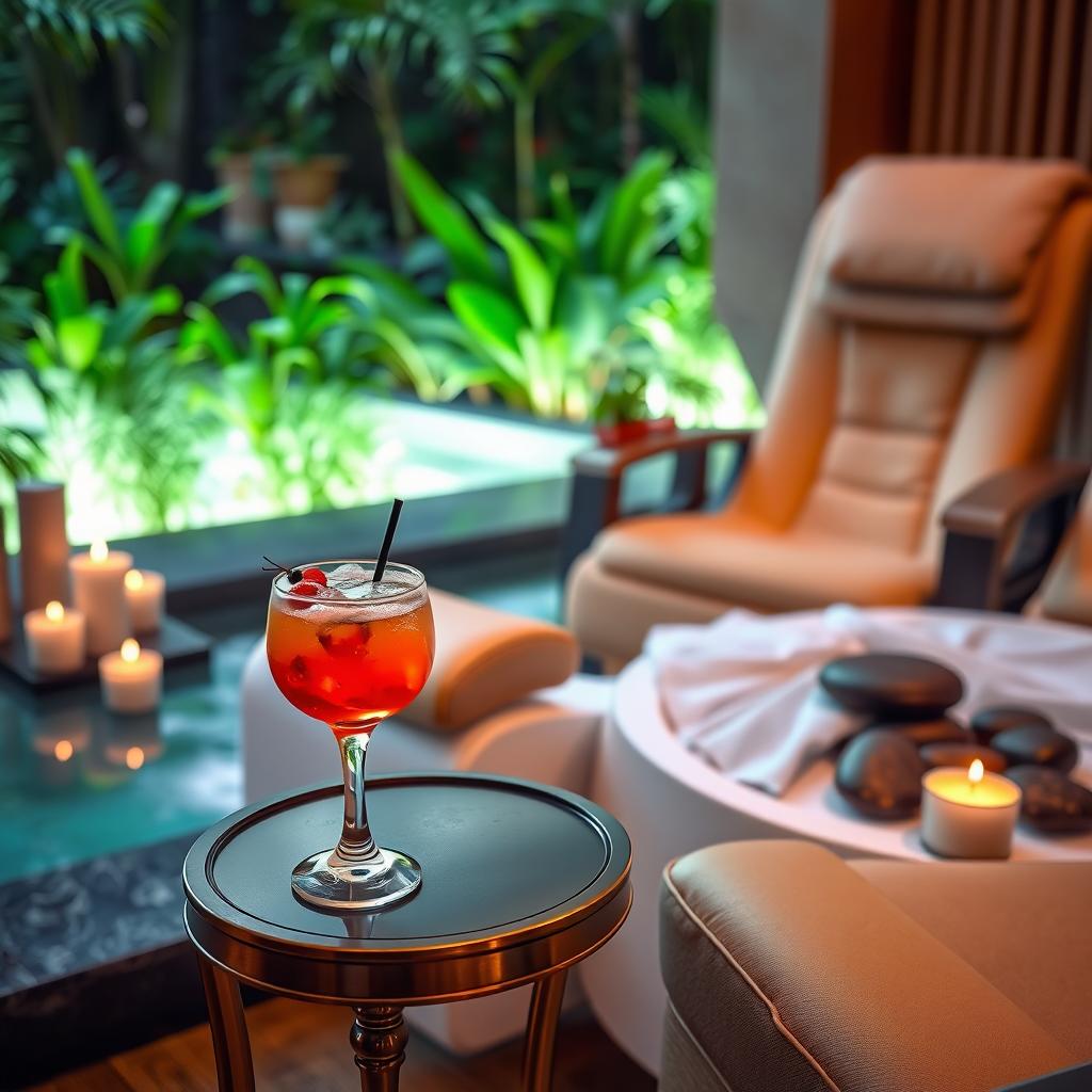 A luxurious spa scene featuring a cocktail and a stylish pedicure chair