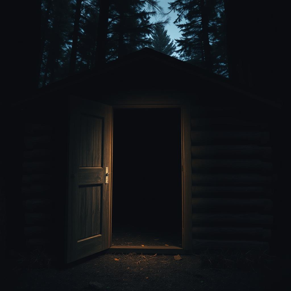 An open door of a wooden cabin with no lights, set in the midst of a dark, dense forest