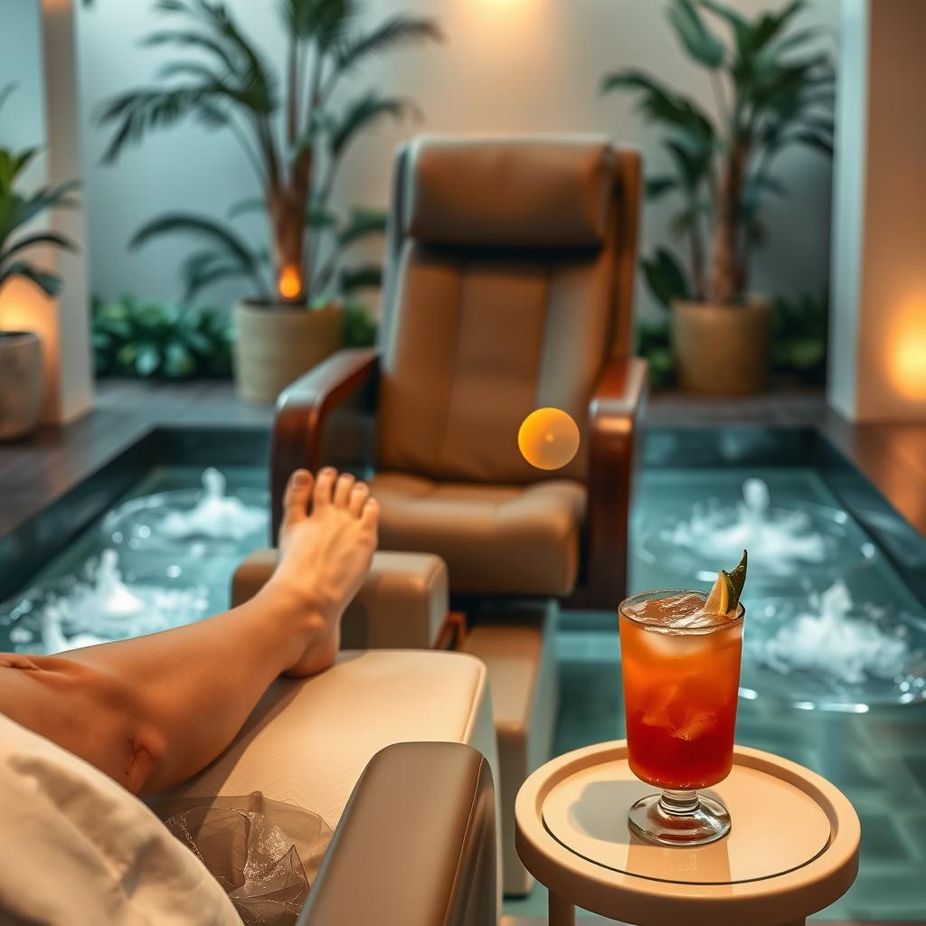 A relaxing and luxurious spa scene featuring a comfortable pedicure chair with a person having their feet pampered