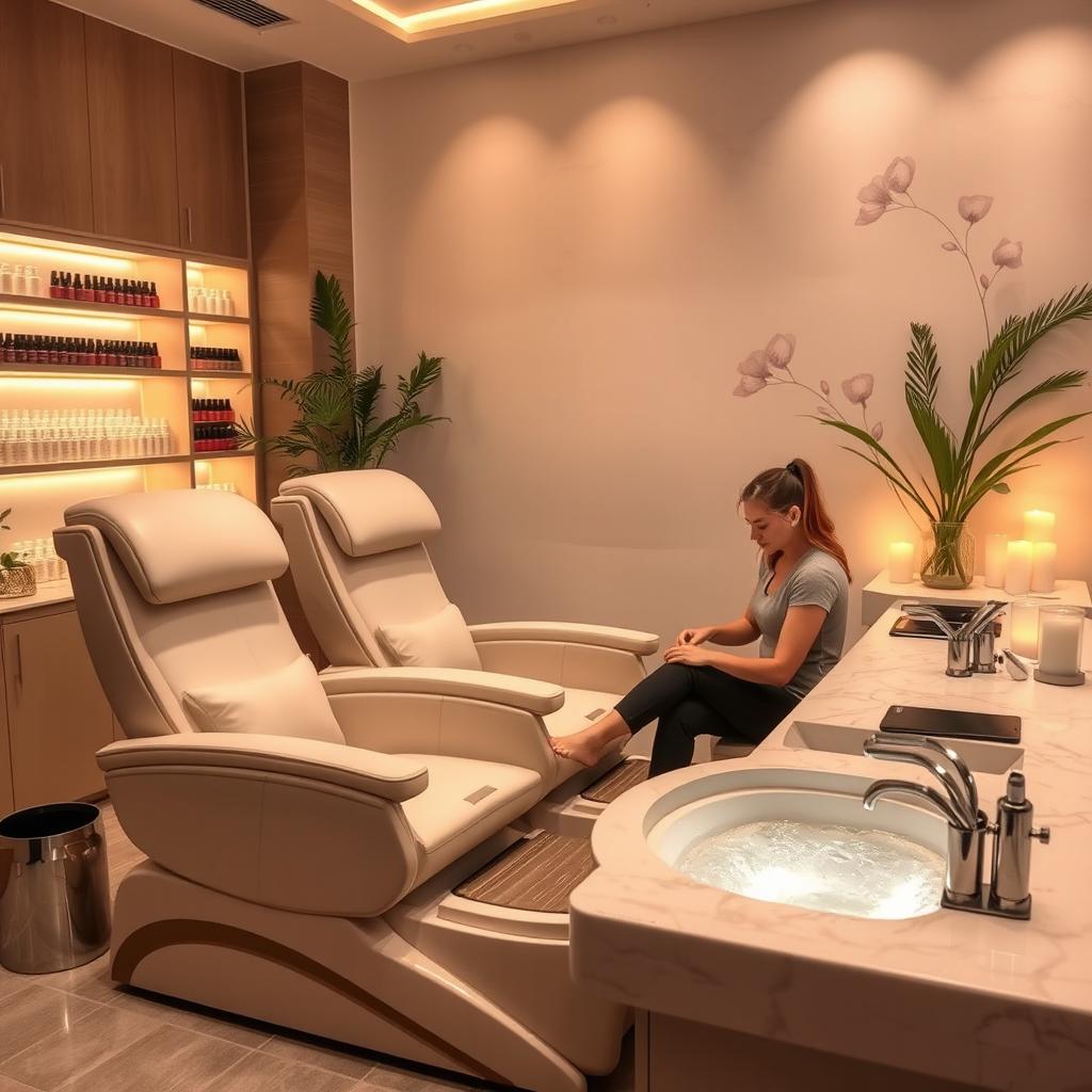 A luxurious and serene pedicure stage, featuring a modern and stylish pedicure chair with soft, plush cushions, surrounded by calming decor