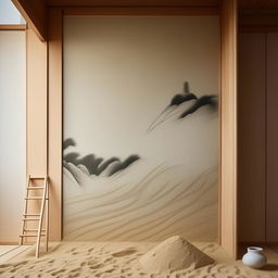 An ultra-detailed architectural photograph of a minimalist, Japandi-inspired wall featuring a compact sand area, an expressive painting, a simple wooden ladder, and a traditional rake.