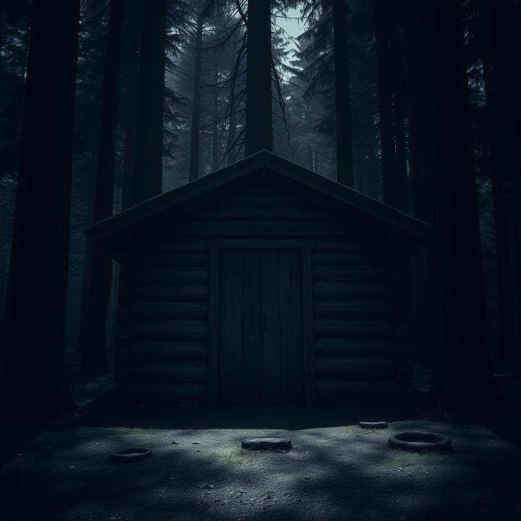 A closed door of a wooden cabin, unlit, situated within a dark and dense forest