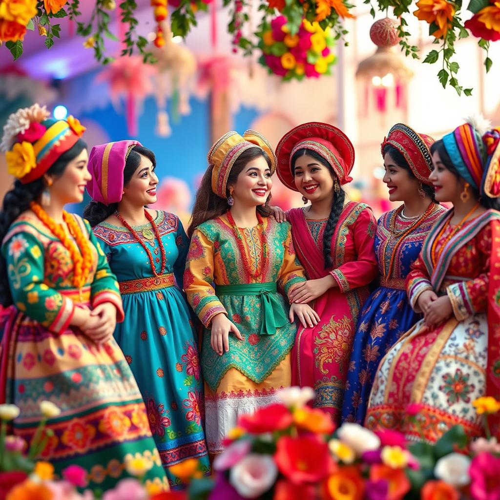 A vibrant and colorful portrayal of a group of women, known as 'pepol', representing various cultures and styles, all dressed in intricate, traditional miniatures