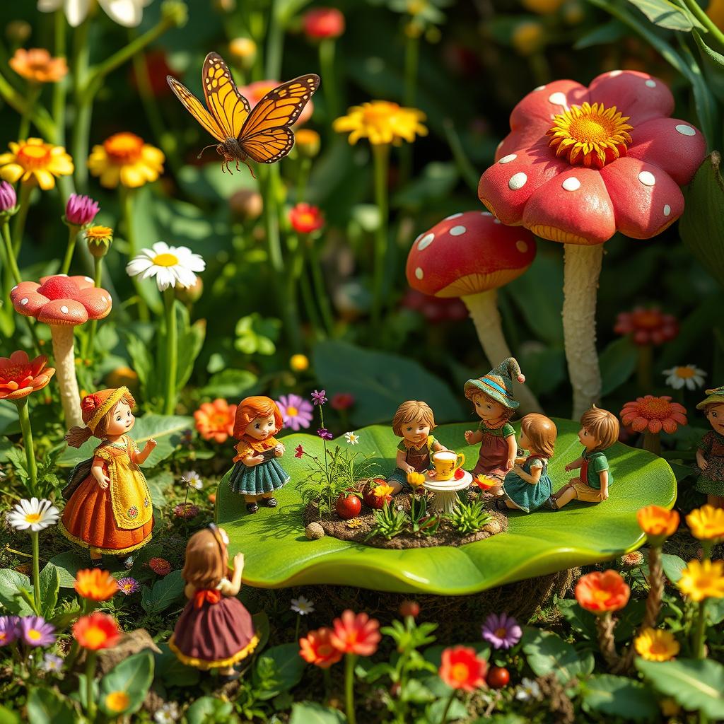 A whimsical, fantasy-style scene featuring a group of tiny people, each engaged in various fun activities