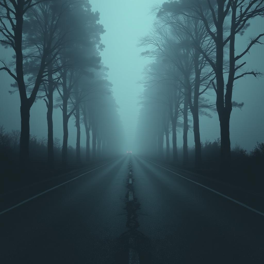 An empty and dark road stretching endlessly into the distance, surrounded by tall, shadowy trees that create an eerie sense of isolation