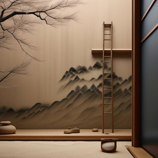 An ultra-detailed architectural photograph of a minimalist, Japandi-inspired wall featuring a compact sand area, an expressive painting, a simple wooden ladder, and a traditional rake.