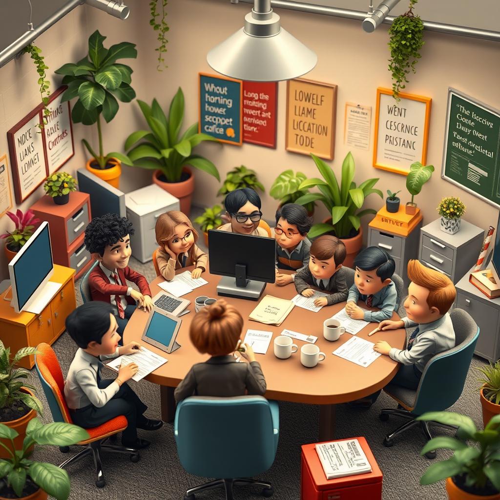 A whimsical and colorful scene depicting a diverse group of tiny people (little people) engaged in various work activities in a vibrant office setting