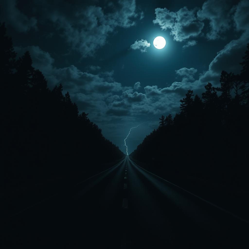 A deserted and dark road at night, stretching into the unknown, under a starless sky