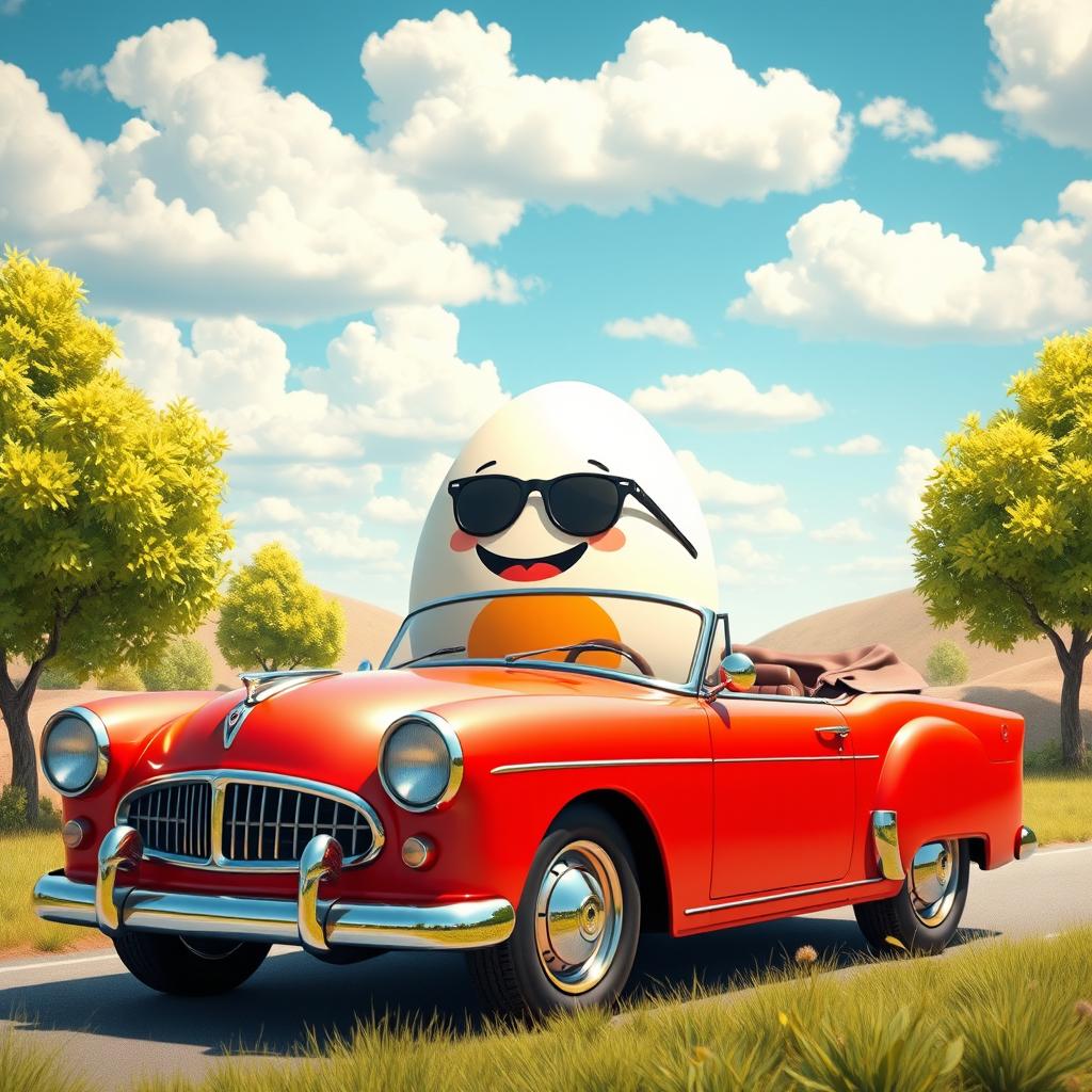 A whimsical and imaginative scene featuring a large, cartoonish egg riding in a vibrant, colorful convertible car