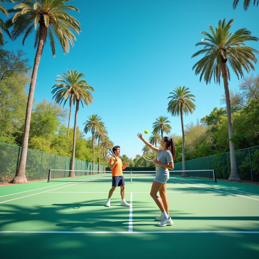 A man and a woman playing tennis together on an empty tennis court surrounded by palm trees
