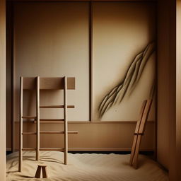 An ultra-detailed architectural photograph of a minimalist, Japandi-inspired wall featuring a compact sand area, an expressive painting, a simple wooden ladder, and a traditional rake.