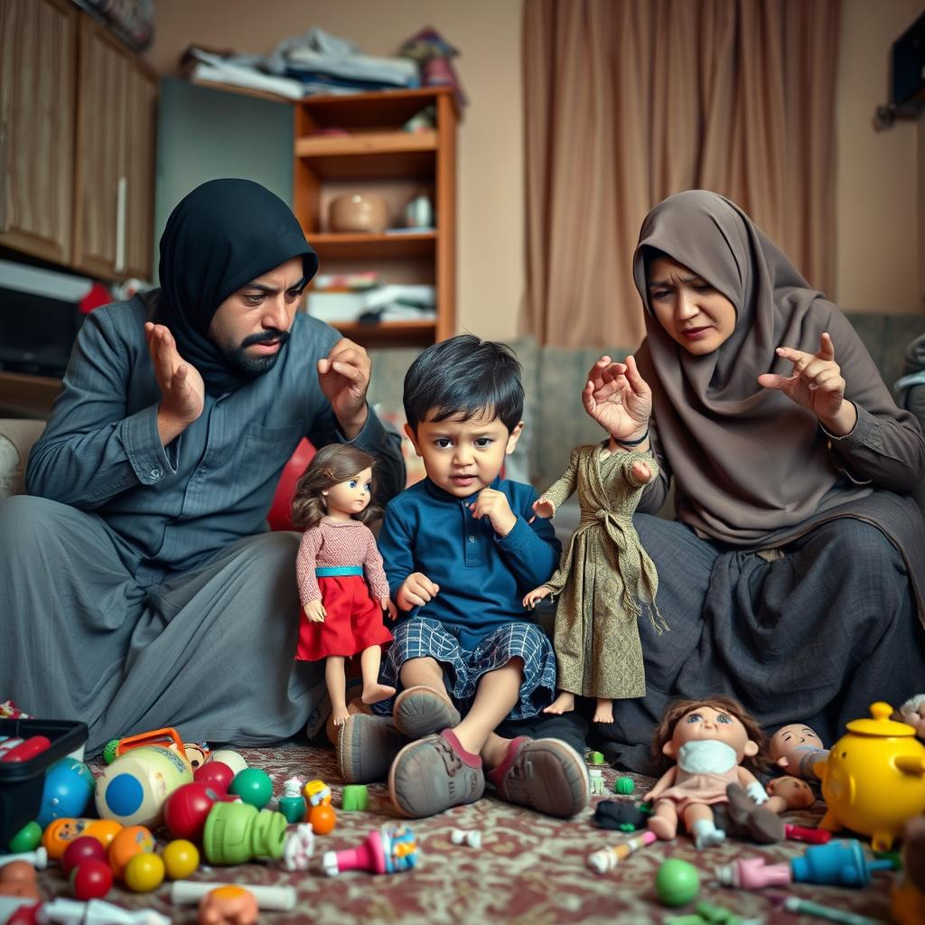 A family in the midst of a divorce, with a child sitting in the center of a chaotic home, appearing distressed and emotionally troubled