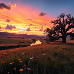 A breathtaking landscape of an open field during sunset, featuring a vibrant sky painted with hues of orange, pink, and purple, with fluffy clouds scattered across