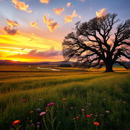 A breathtaking landscape of an open field during sunset, featuring a vibrant sky painted with hues of orange, pink, and purple, with fluffy clouds scattered across