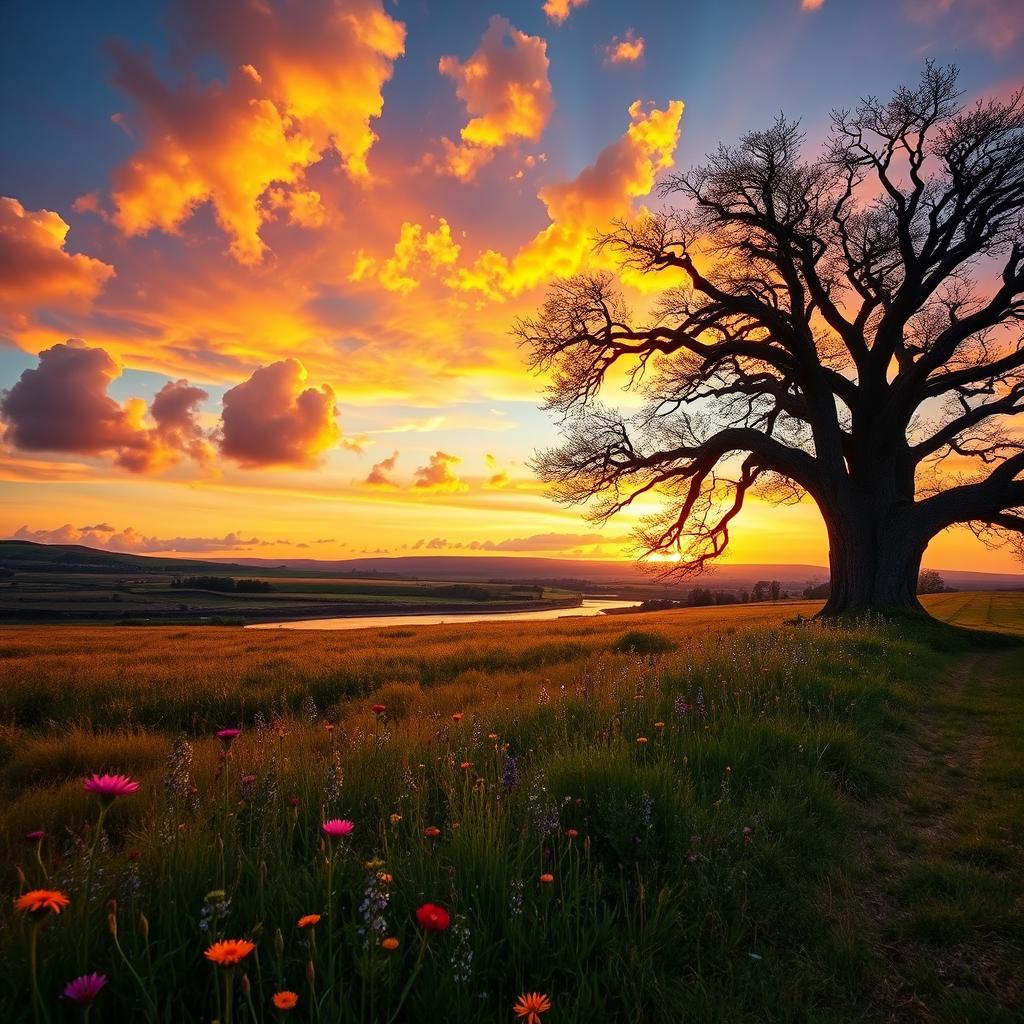 A breathtaking landscape of an open field during sunset, featuring a vibrant sky painted with hues of orange, pink, and purple, with fluffy clouds scattered across