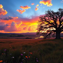A breathtaking landscape of an open field during sunset, featuring a vibrant sky painted with hues of orange, pink, and purple, with fluffy clouds scattered across