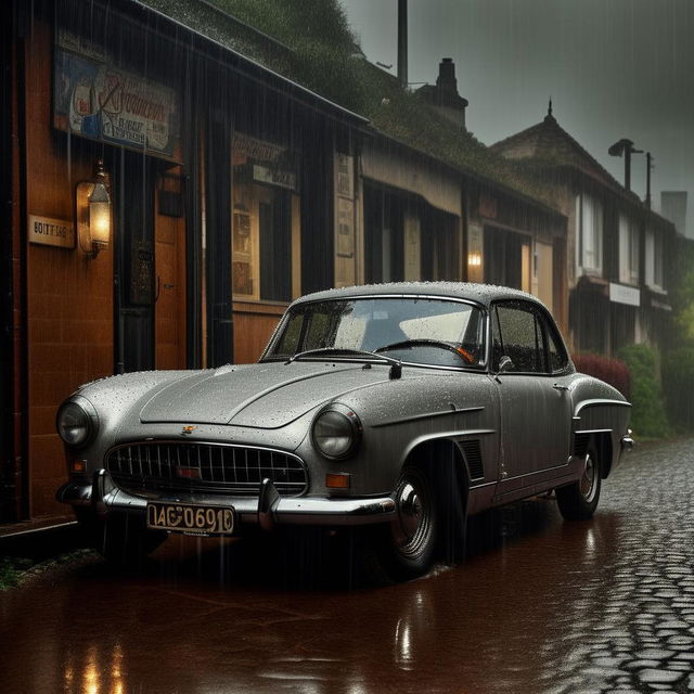 A high definition, ultra detailed image of a vintage car parked in torrential rain, encapsulating a moody atmosphere.