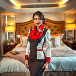 A glamorous flight attendant wearing a stylish stewardess outfit, complete with a fitted dress and a bright red scarf, posed in a luxurious bedroom