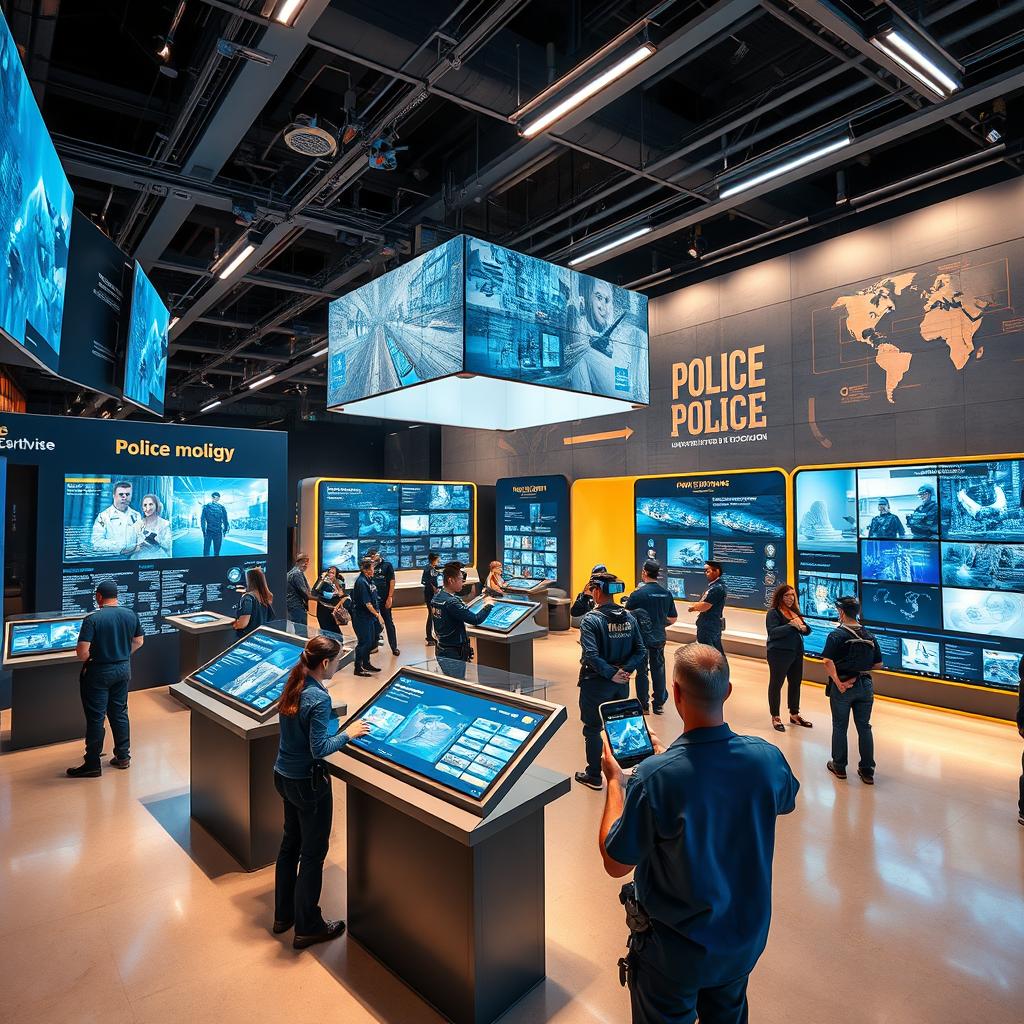 A virtual police exhibition featuring advanced police technology and crime-fighting tools in a modern digital environment