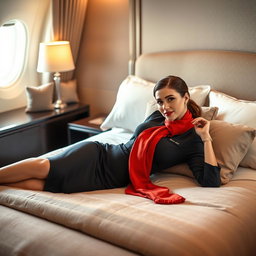 A stylish flight attendant in a fitted stewardess outfit, complete with a vibrant red scarf, lying gracefully on a plush bed in an elegant bedroom