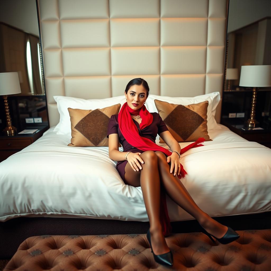 A stylish flight attendant in a fitted stewardess outfit, complete with a vibrant red scarf, lying gracefully on a plush bed in an elegant bedroom