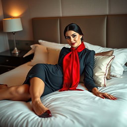 A stylish flight attendant in a fitted stewardess outfit, complete with a vibrant red scarf, lying gracefully on a plush bed in an elegant bedroom