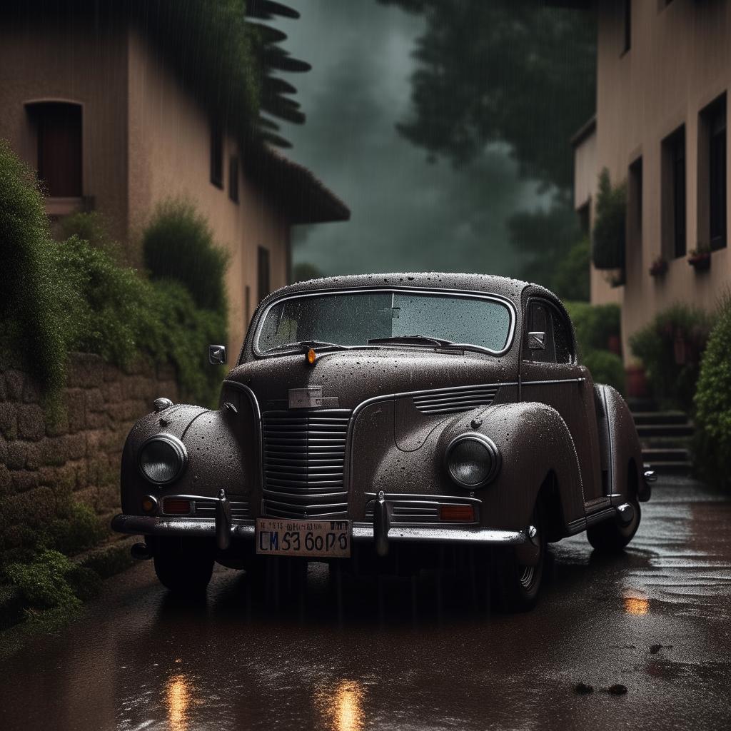 A high definition, ultra detailed image of a vintage car parked in torrential rain, encapsulating a moody atmosphere.