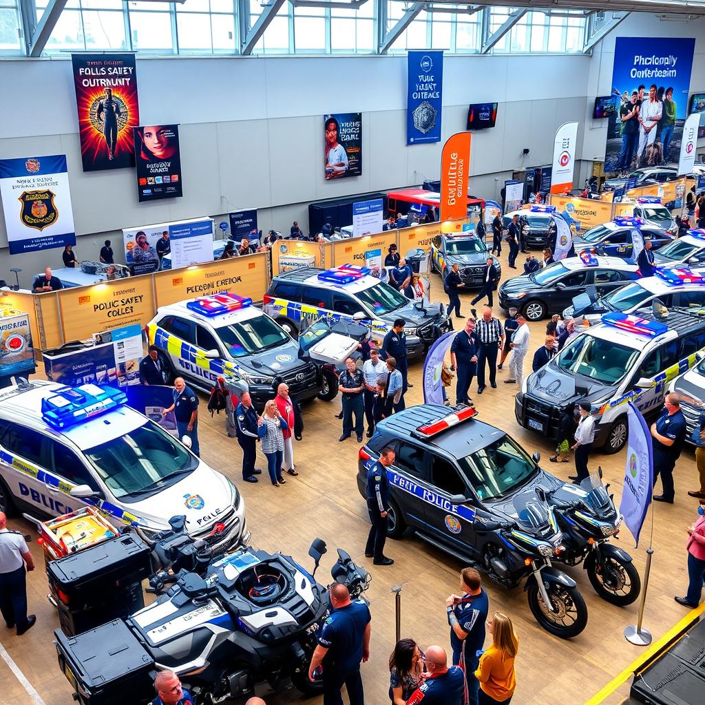 A vibrant and detailed scene depicting a police exhibition featuring various law enforcement vehicles, including police motorcycles, patrol cars, and tactical units