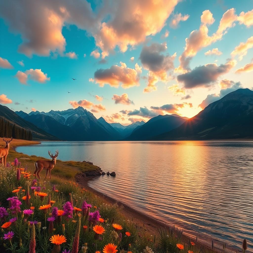 A breathtaking landscape showcasing the beauty of nature, featuring a vibrant sunrise over a serene lake surrounded by majestic mountains