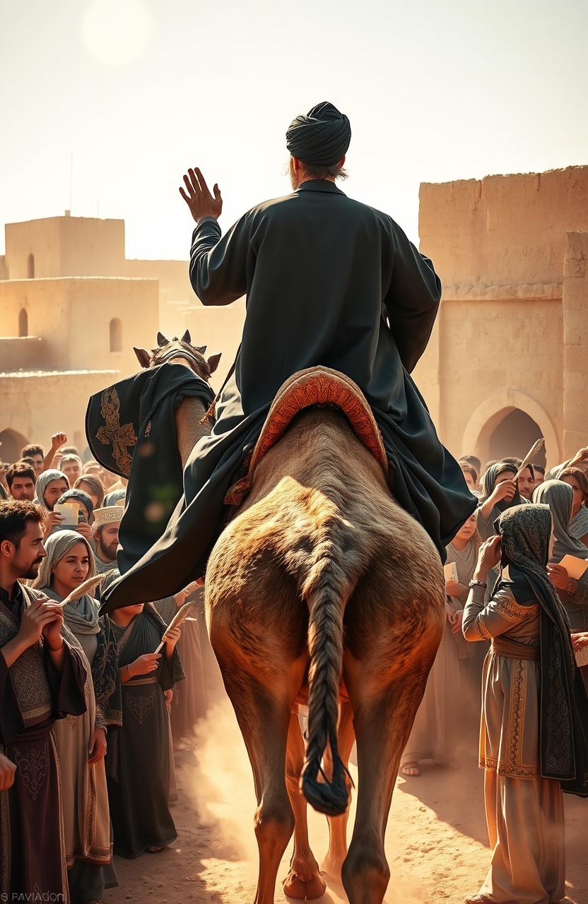 A spiritual man wearing a flowing black robe and a black turban, exuding a radiant and beautiful aura, is riding a camel with one hand raised in a gesture of blessing or greeting