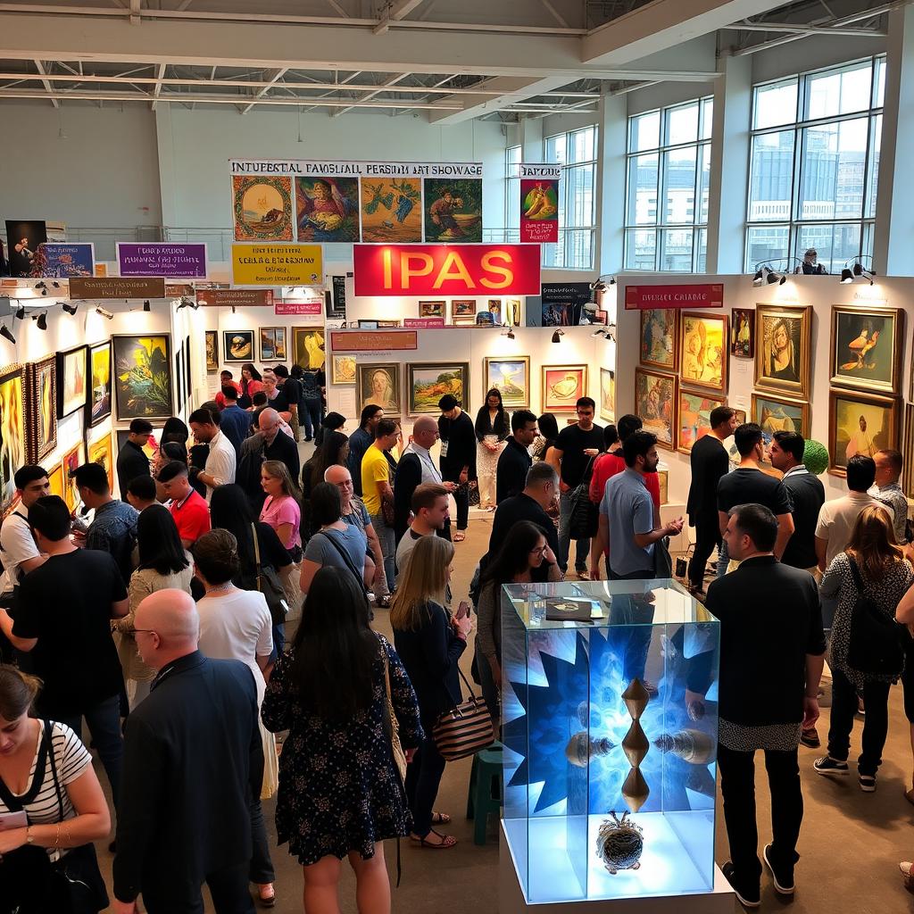 A vibrant exhibition scene at the IPAS (International Persian Art Showcase) featuring various artworks including paintings, sculptures, and interactive installations