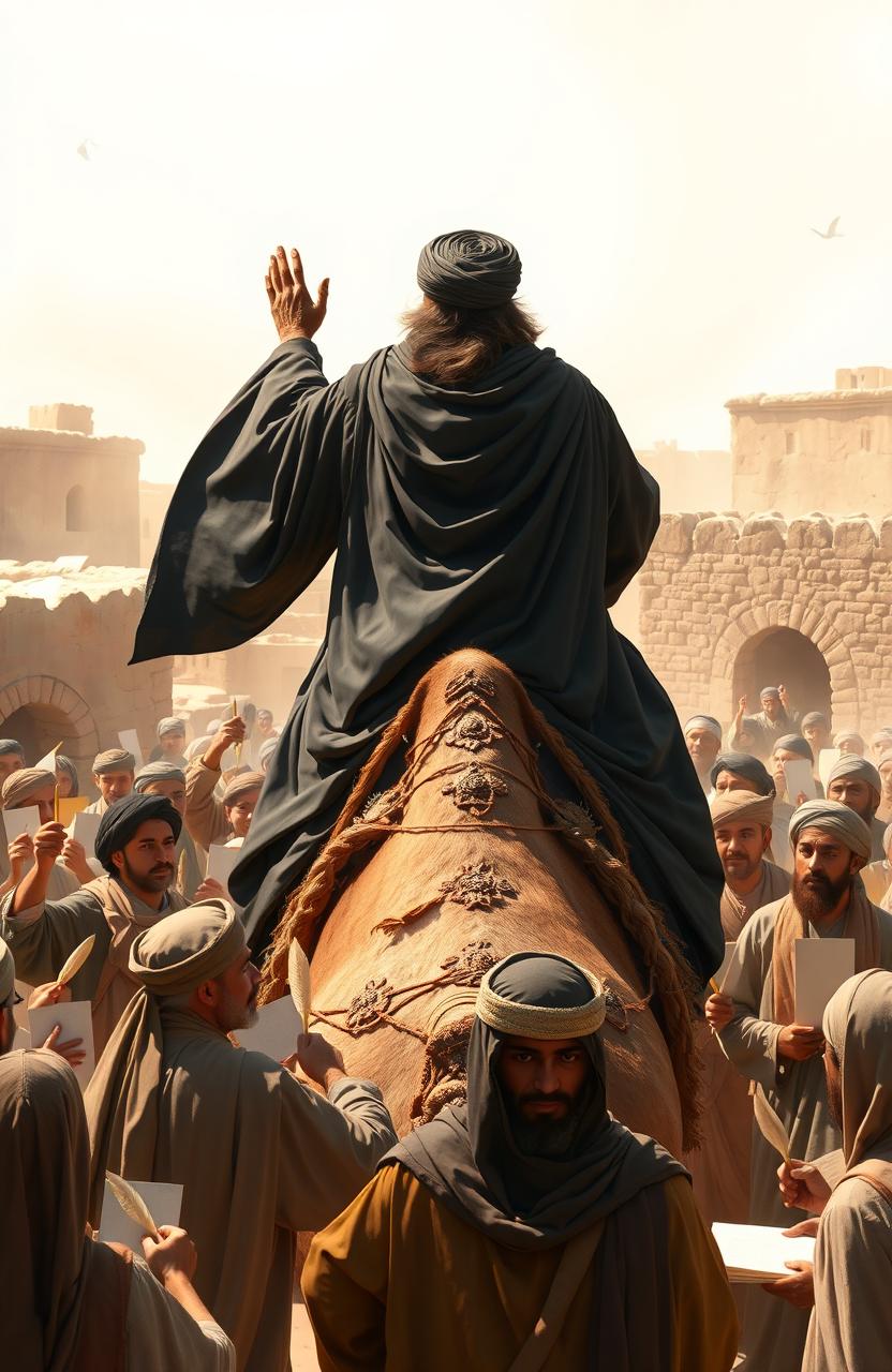 A wide scene depicting a spiritual man wearing a flowing black robe and a black turban, his radiant and beautiful face visible as he rides a camel, one hand raised in a gesture of blessing