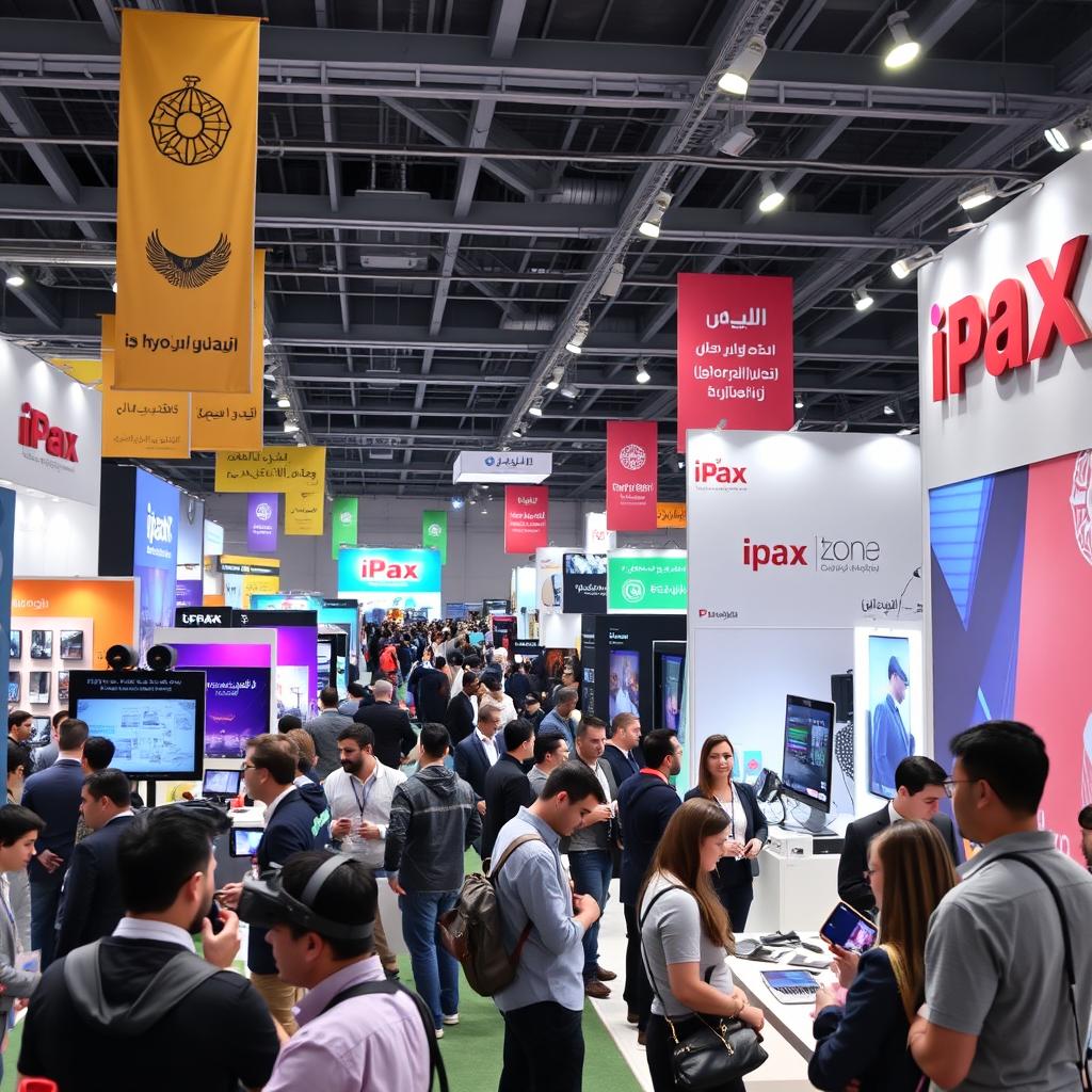 An engaging and colorful depiction of the iPax exhibition in Iran, showcasing an array of technology innovations and digital products