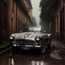 A high definition, ultra detailed image of a vintage car parked in torrential rain, encapsulating a moody atmosphere.