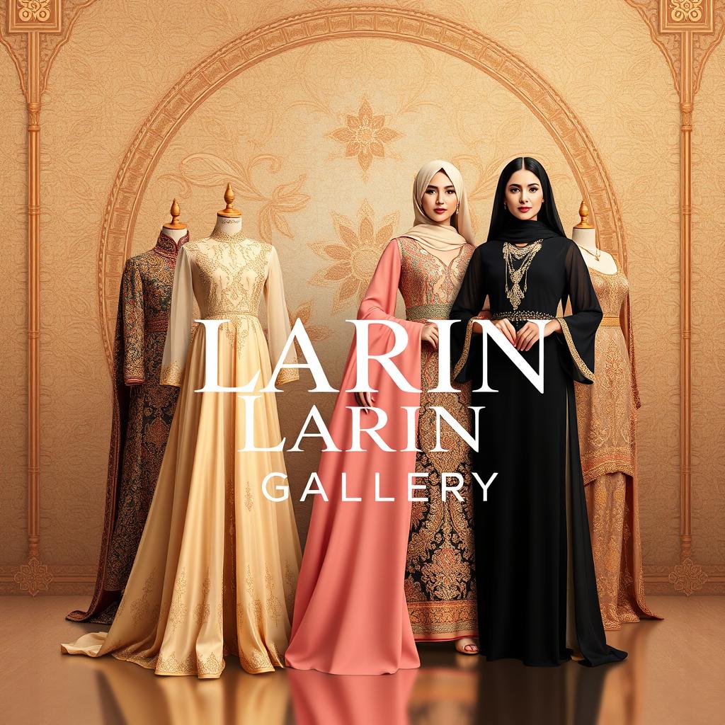 A beautifully designed advertising banner for 'Larin Gallery', showcasing elegant Arabic and formal women's clothing
