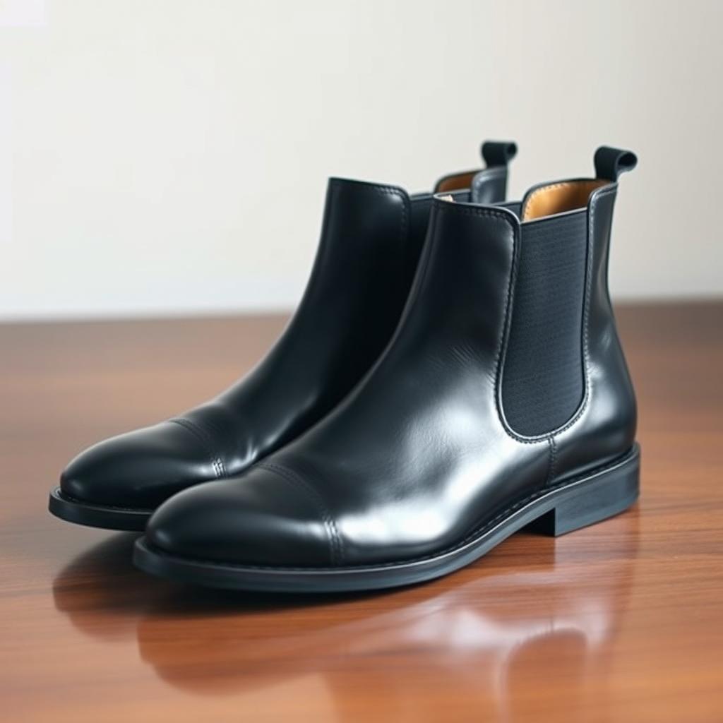 A pair of stylish Chelsea black boots, made of smooth leather, featuring elastic side panels and a sleek design