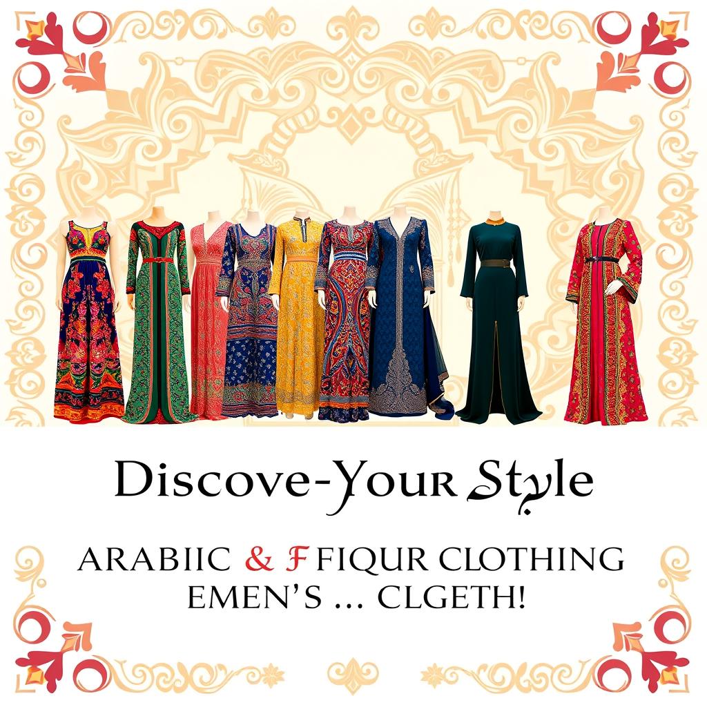 An elegant and eye-catching advertising banner showcasing a variety of Arabic and formal women's clothing