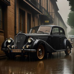 A high definition, ultra detailed image of a vintage car parked in torrential rain, encapsulating a moody atmosphere.