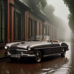 A high-definition, ultra-detailed image of a luxury vintage car parked amidst a scene of rainfall and mist, imbuing it with an editorial flair.