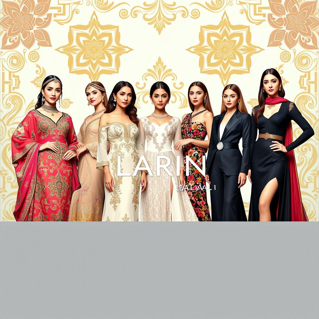 An elegant advertising banner showcasing Arabic and formal women's clothing from Larin Gallery