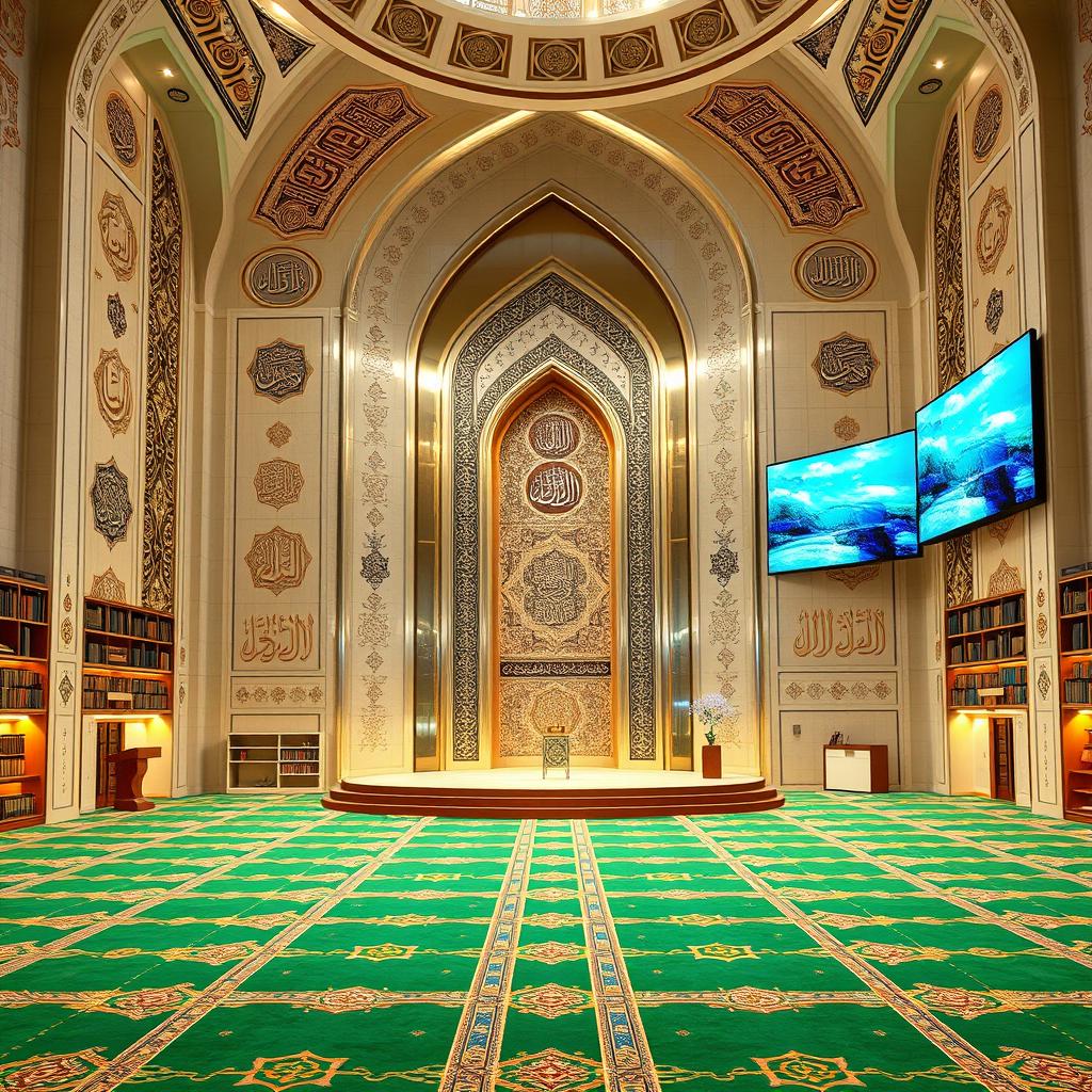 A stunning interior wall design for a grand mosque, blending modern architectural elements with Iranian-Islamic aesthetics