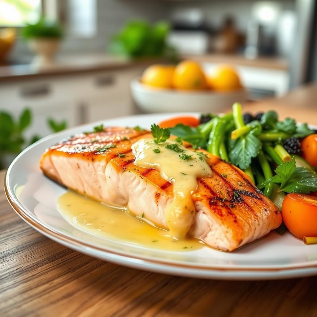 A beautifully plated dish featuring grilled salmon served with a lemon butter sauce, garnished with fresh herbs