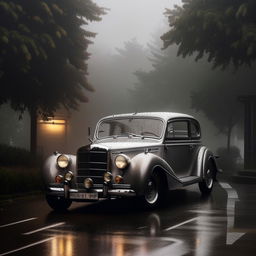 A high-definition, ultra-detailed image of a luxury vintage car parked amidst a scene of rainfall and mist, imbuing it with an editorial flair.