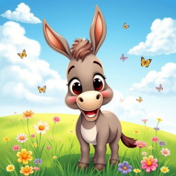 A playful and humorous cartoon-style illustration of a cute, cartoonish donkey with big expressive eyes, showing a happy and mischievous demeanor