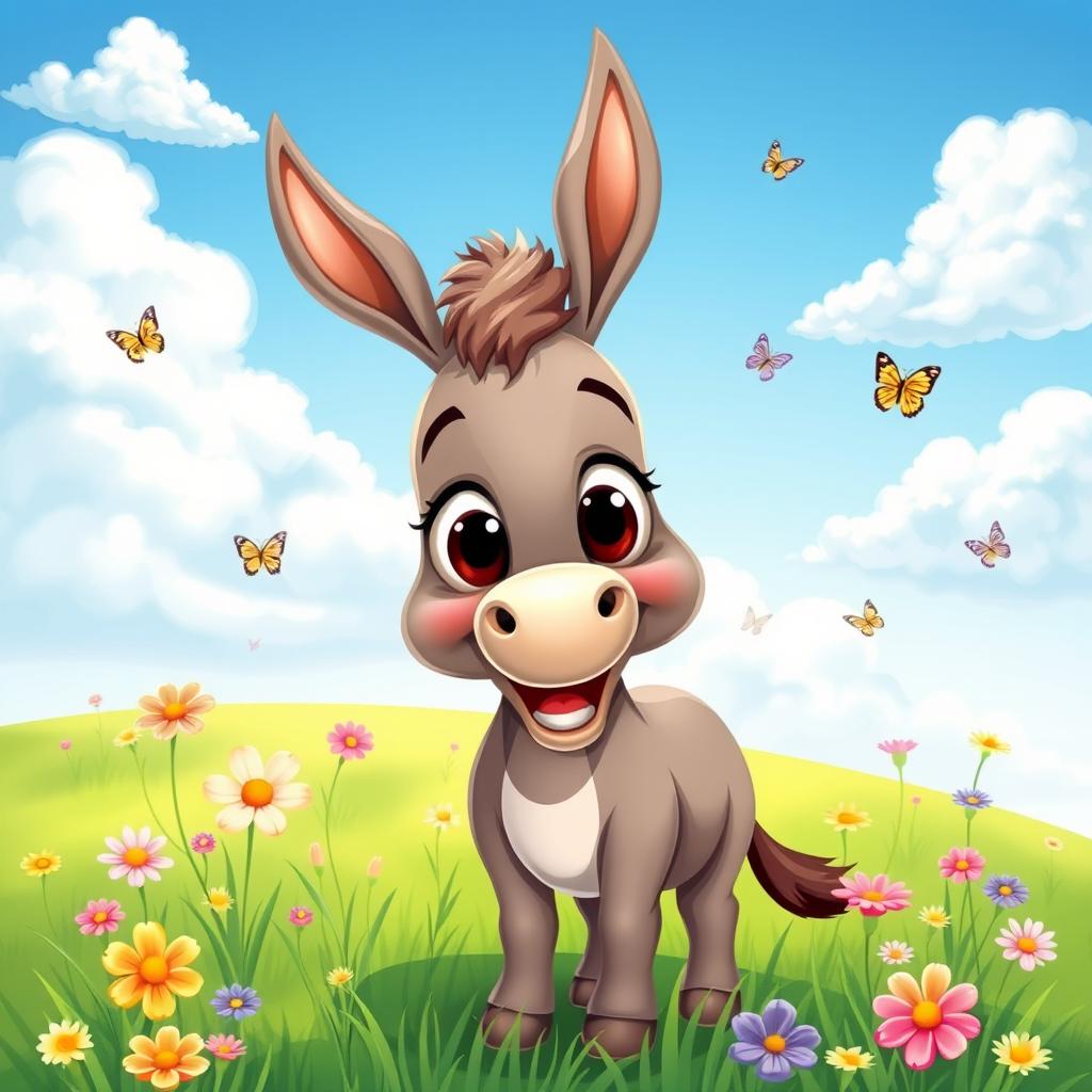 A playful and humorous cartoon-style illustration of a cute, cartoonish donkey with big expressive eyes, showing a happy and mischievous demeanor